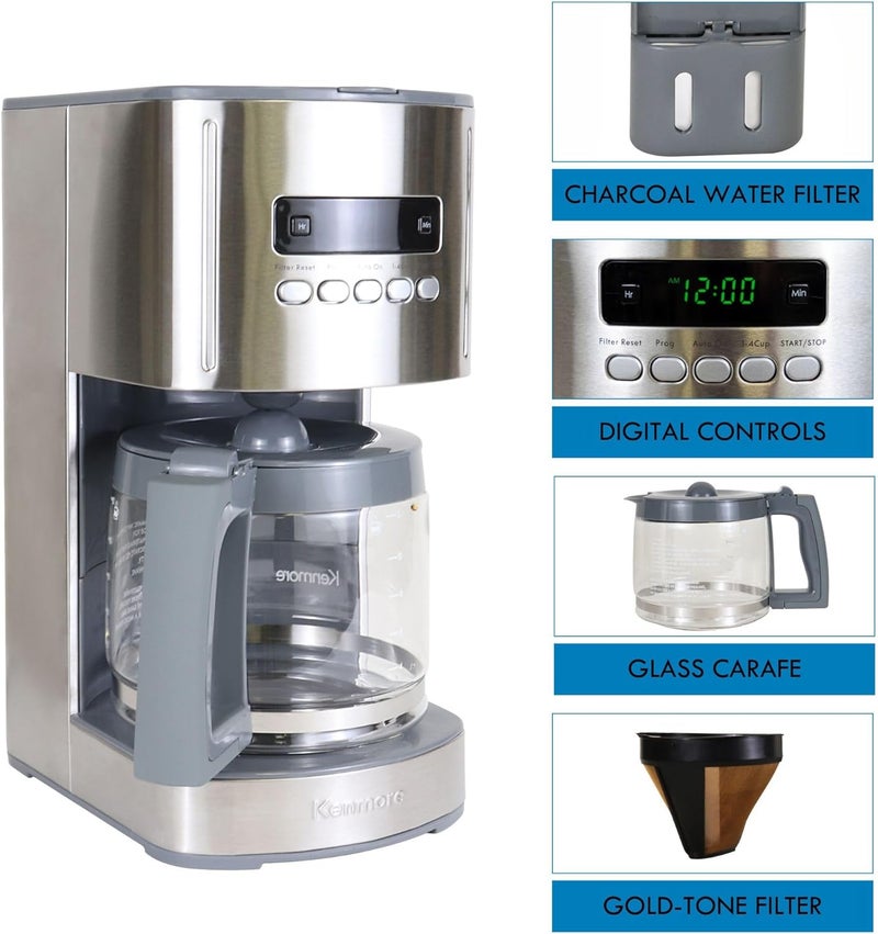 Koolatron Kenmore Drip Coffee Maker - 12 Cup Programmable Cafe Machine With Glass Pot, Regular & Bold Brew, Auto Shut Off Large Water Reservoir, Reusable Filter, Kitchen Appliances For Cafeteria Barista - Image 4